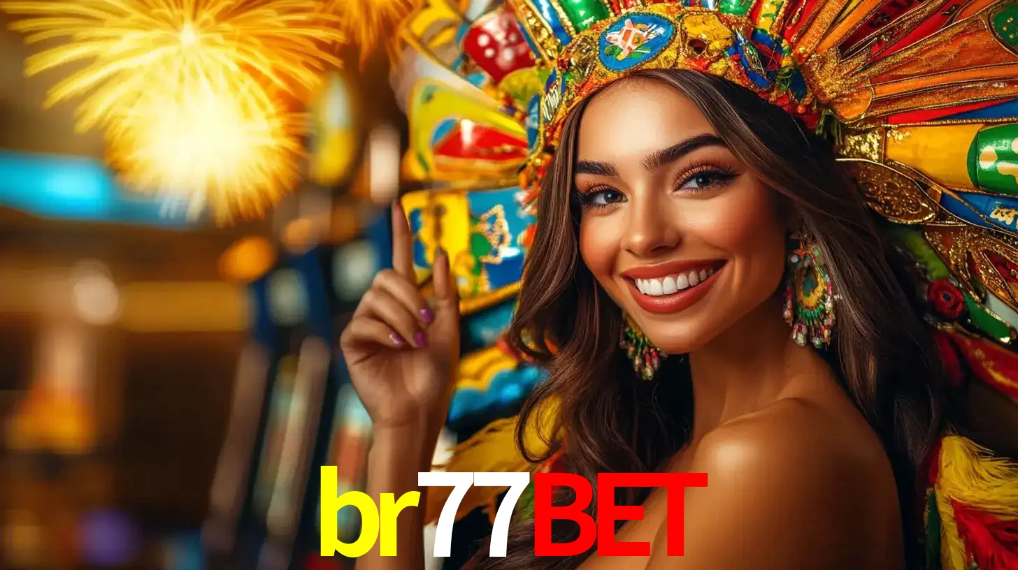 Mulher sorridente com um cocar de carnaval vibrante e colorido, celebrando uma grande vitória nos jogos do cassino br77bet com fogos de artifício ao fundo.