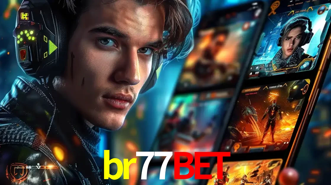 Jovem jogador com fones de ouvido olhando para a câmera, com um aplicativo de jogos e e-sports para celular ao fundo, pronto para a competição e apostas no br77bet.