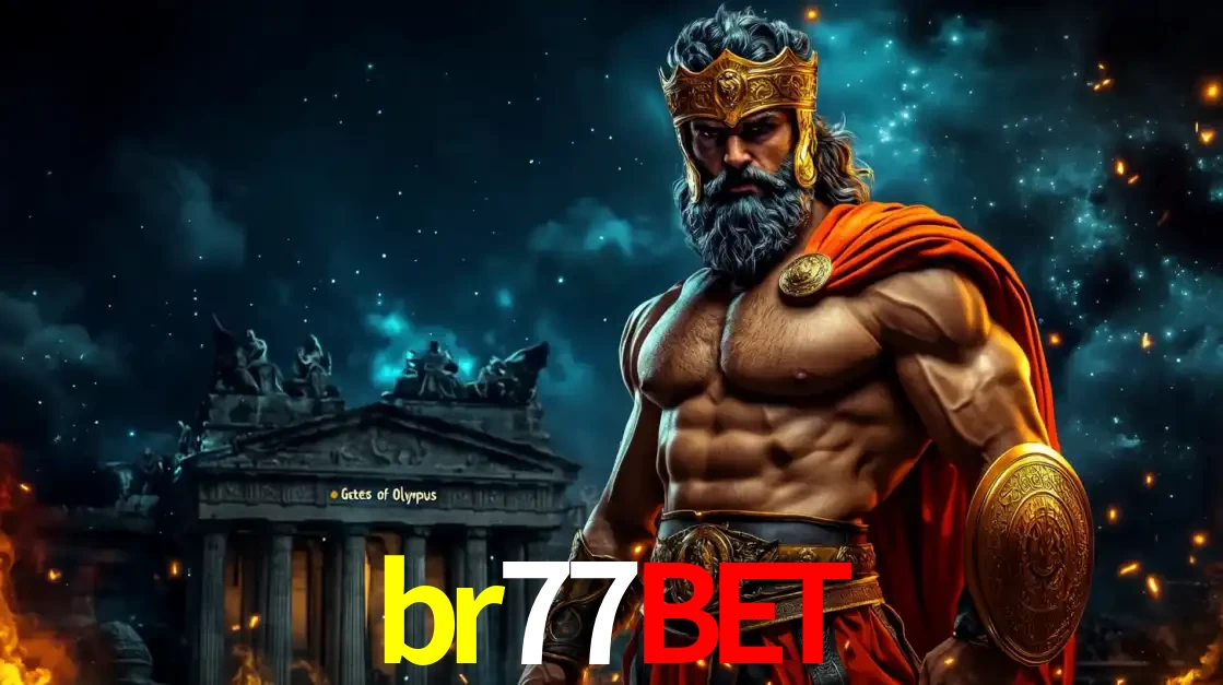 O poderoso Zeus do jogo de slot Gates of Olympus em frente ao seu templo, pronto para lançar multiplicadores divinos e prêmios épicos no cassino online br77bet.