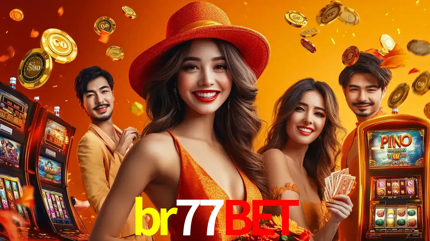 Grupo de amigos asiáticos sorrindo e se divertindo com máquinas de caça-níqueis em um ambiente festivo, celebrando suas vitórias nos jogos de cassino do br77bet.