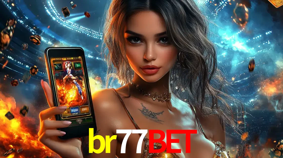 Mulher segurando um celular com um jogo de slot em destaque, tendo como fundo um estádio vibrante, simbolizando a emoção de jogar no cassino móvel br77bet.